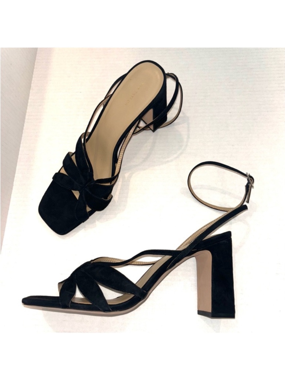 Ann Taylor Rue Black Suede Leather Petal strap block heel sandals size 11 NEW